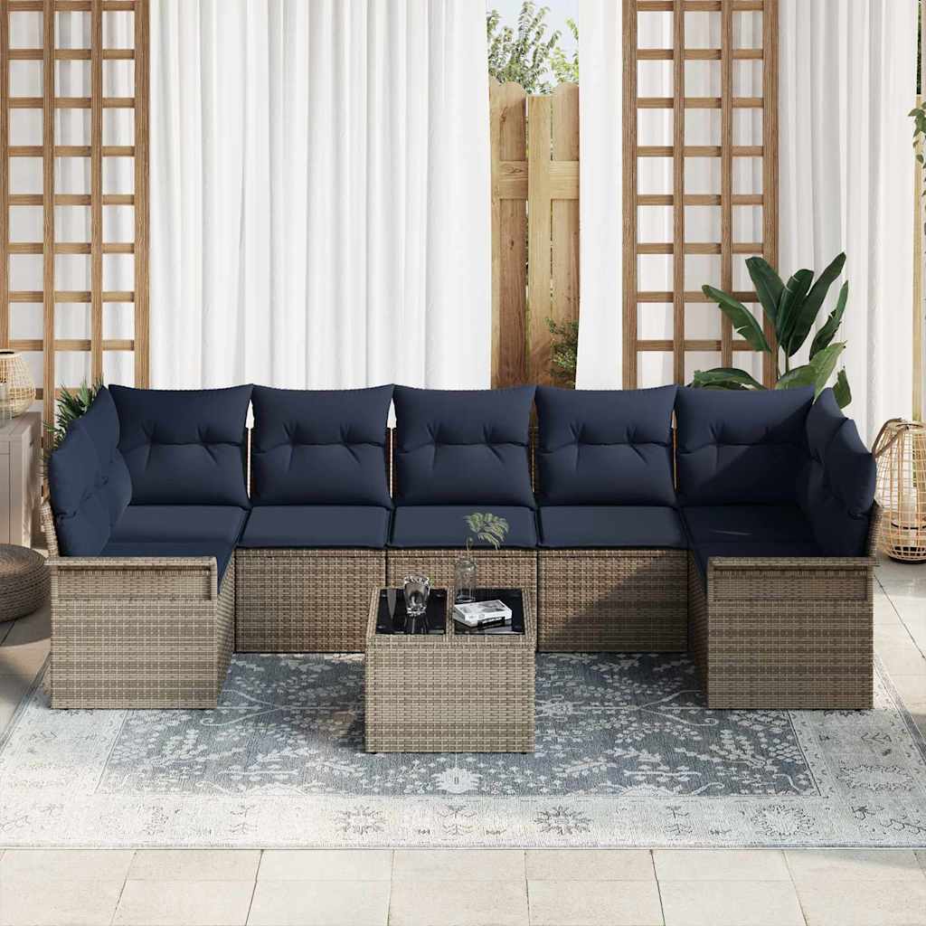 Havesofa Sæt med pude 8 pcs Grå og Marineblå polyrattan