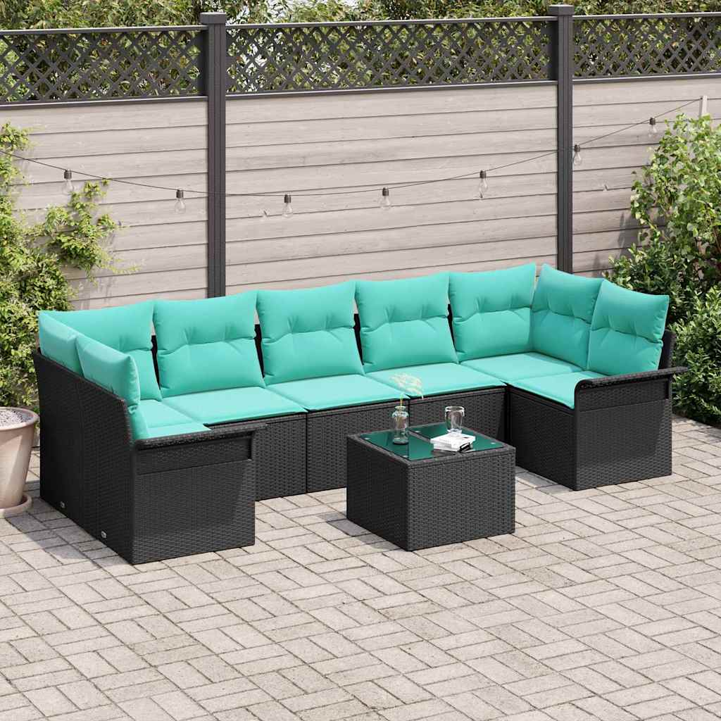 Havesofa Sæt med pude 8 pcs Sort og turkis polyrattan