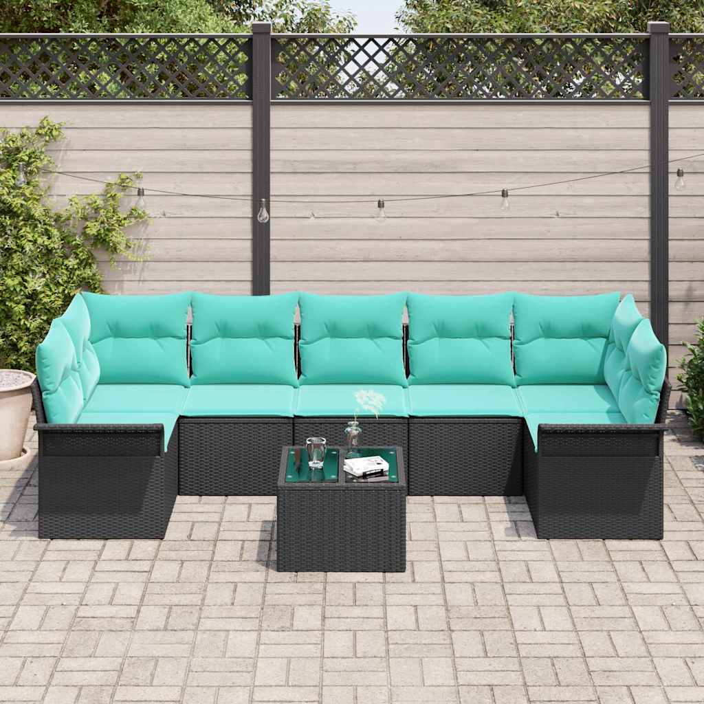 Havesofa Sæt med pude 8 pcs Sort og turkis polyrattan