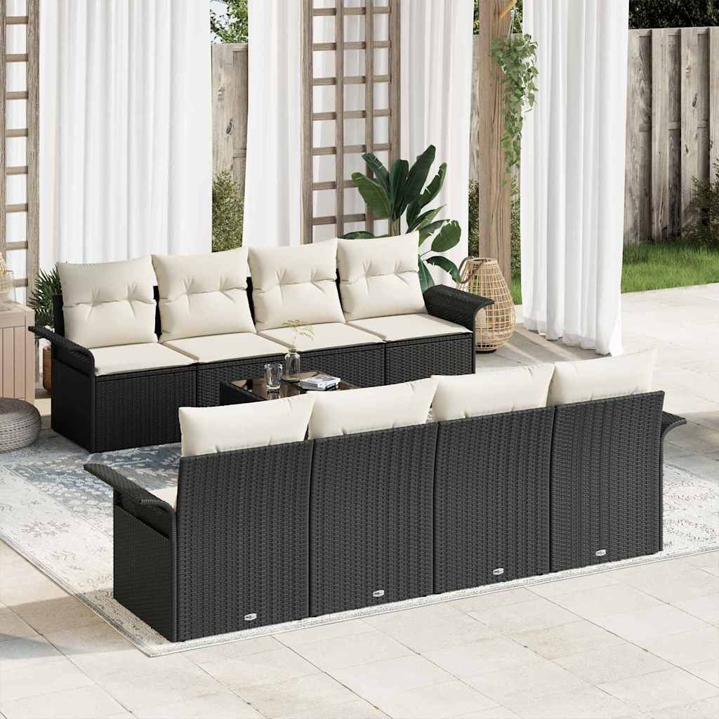 Havesofa Sæt med pude 9 pcs Sort og Cream polyrattan