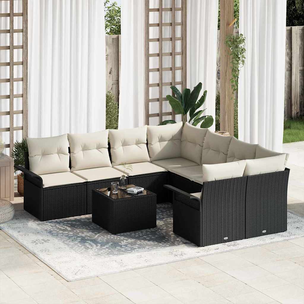 Havesofa Sæt med pude 9 pcs Sort og Cream polyrattan