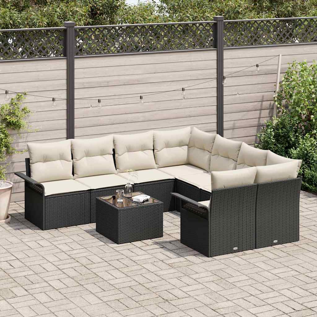 Havesofa Sæt med pude 9 pcs Sort og Cream polyrattan