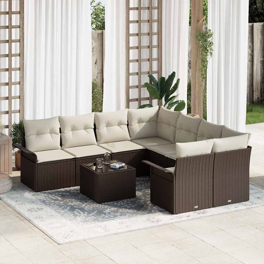 Havesofa Sæt med pude 9 pcs Brun og Creme polyrattan