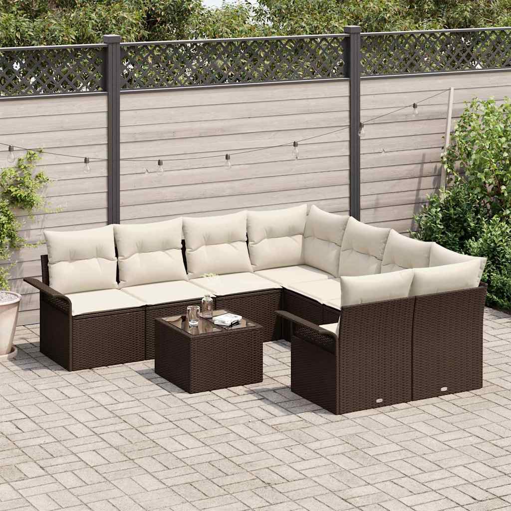 Havesofa Sæt med pude 9 pcs Brun og Creme polyrattan
