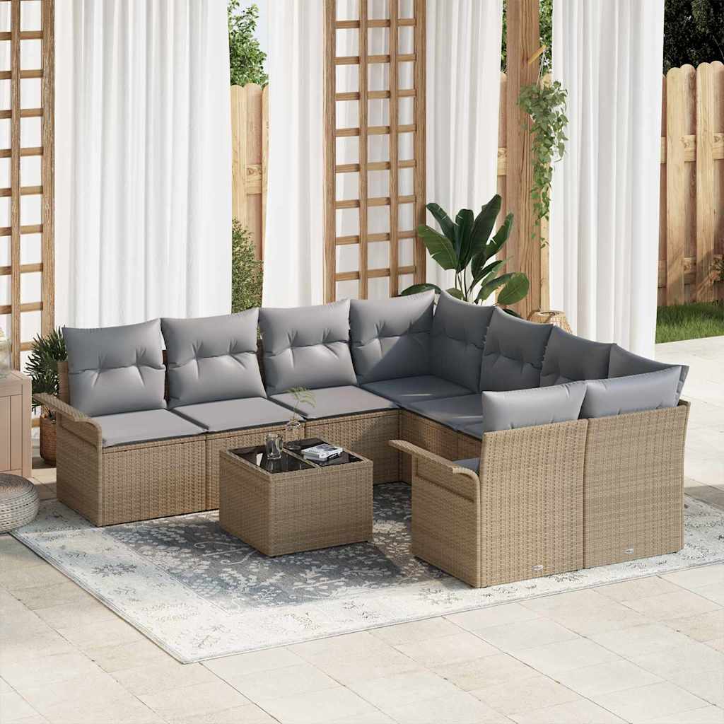 Havesofa Sæt med pude 9 pcs Beige og grå polyrattan