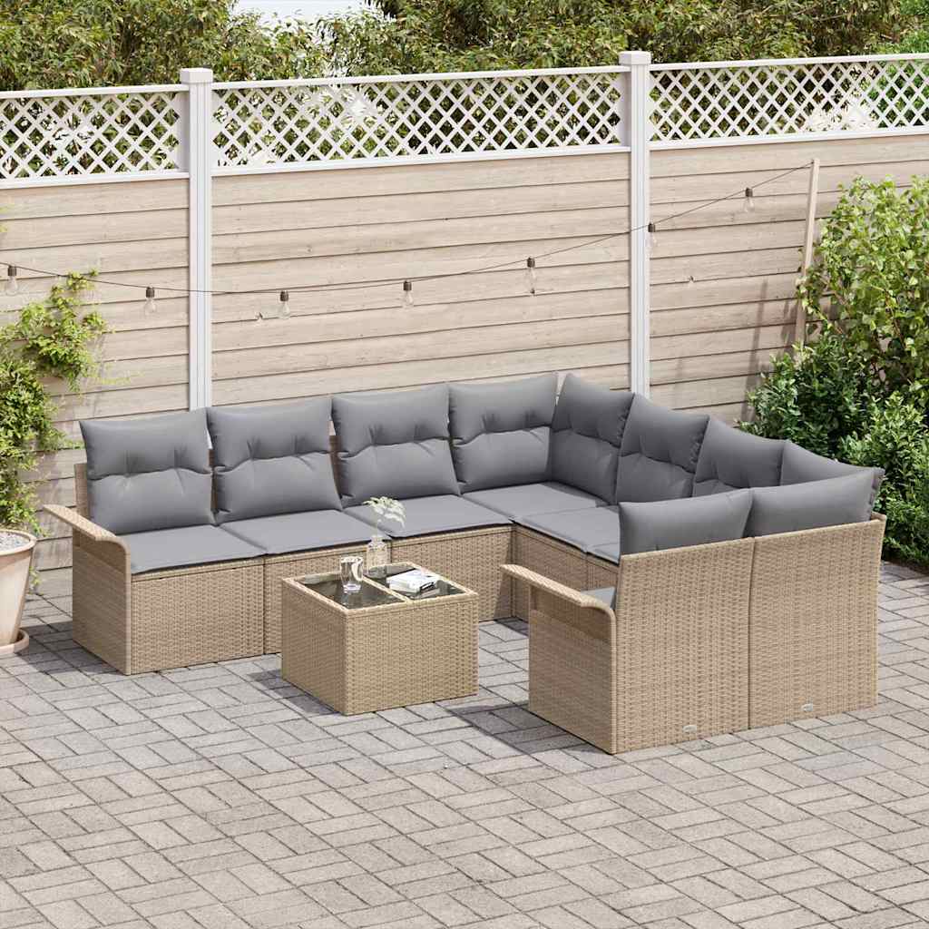 Havesofa Sæt med pude 9 pcs Beige og grå polyrattan