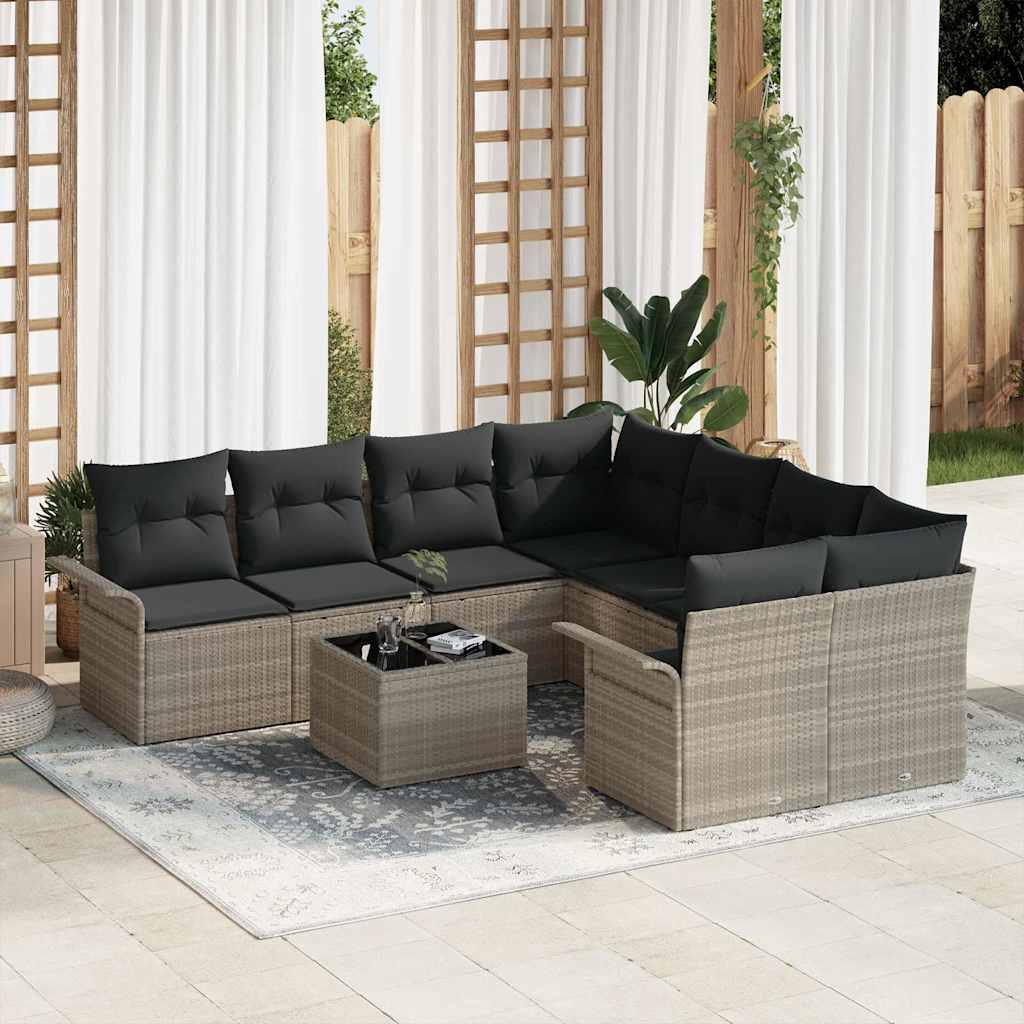 Havesofa Sæt med pude 9 pcs Lysegrå og mørkegrå polyrattan