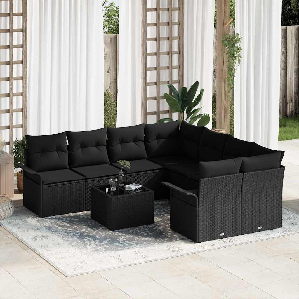 Havesofa Sæt med pude med opbevaring 9 pcs Sort polyrattan