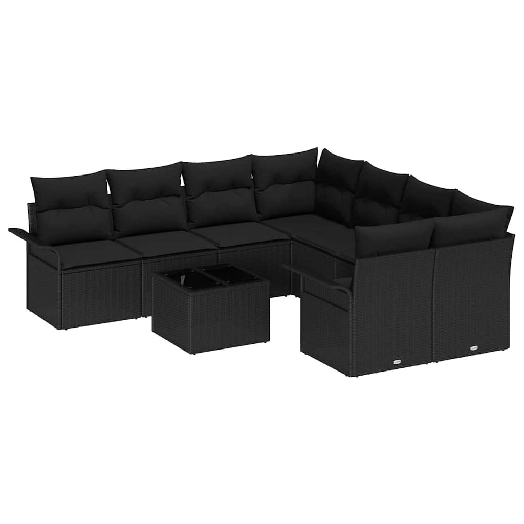 Havesofa Sæt med pude med opbevaring 9 pcs Sort polyrattan