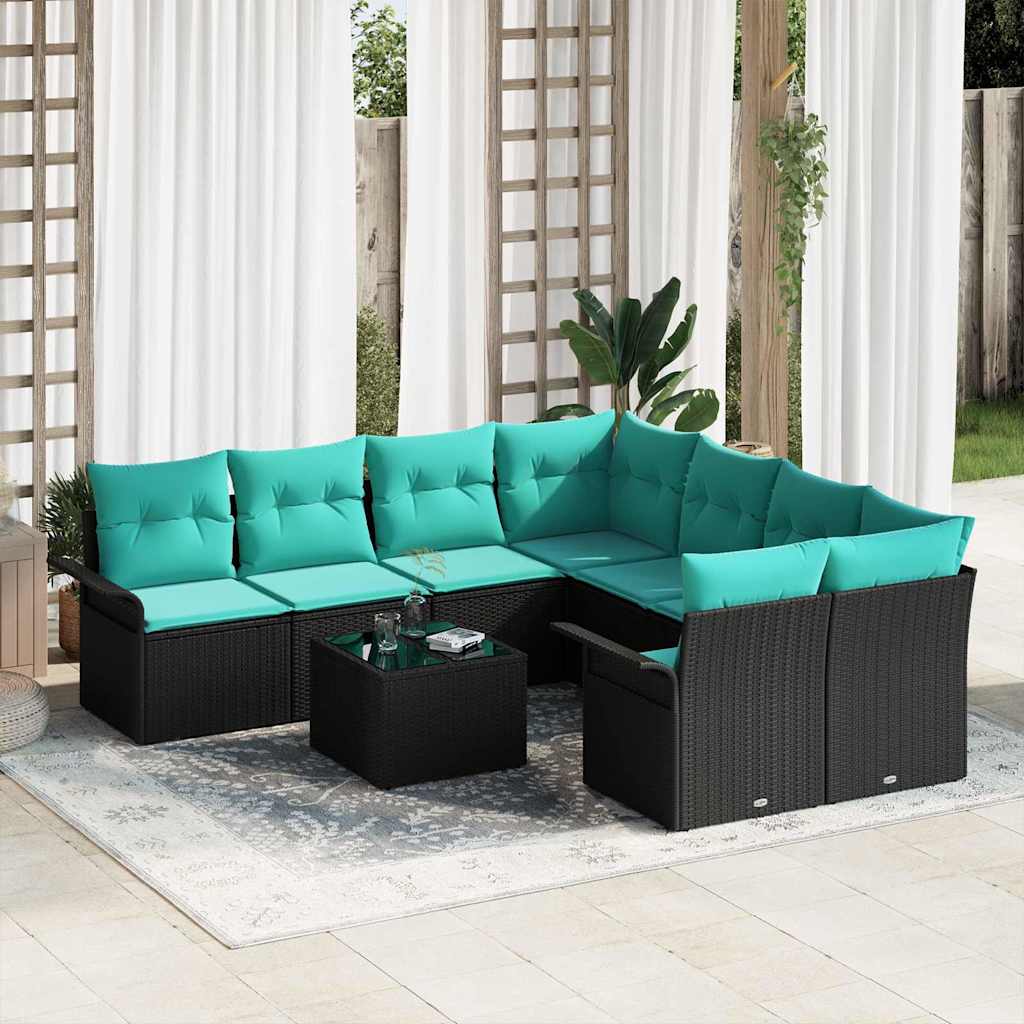 Havesofa Sæt med pude 9 pcs Sort og turkis polyrattan