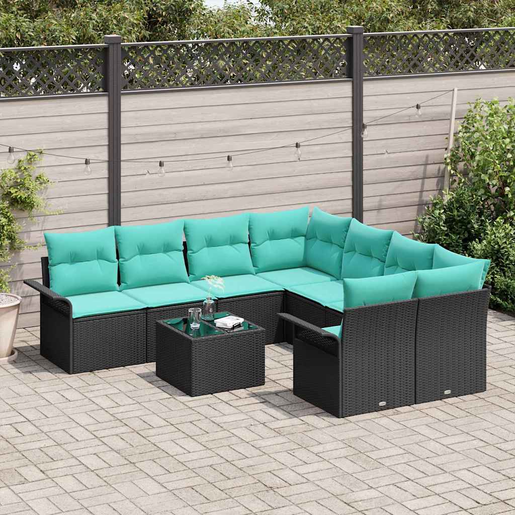 Havesofa Sæt med pude 9 pcs Sort og turkis polyrattan