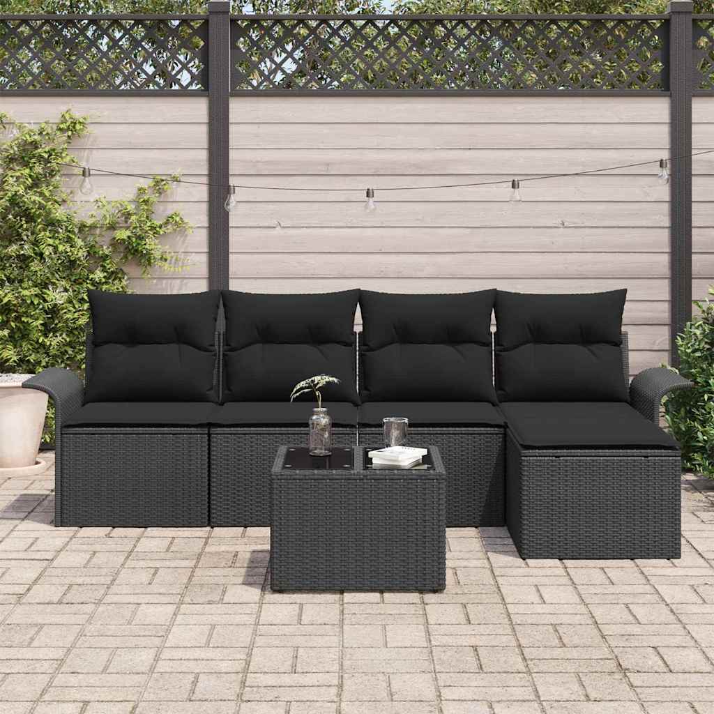 Havesofa Sæt med pude med opbevaring 6 pcs Sort polyrattan