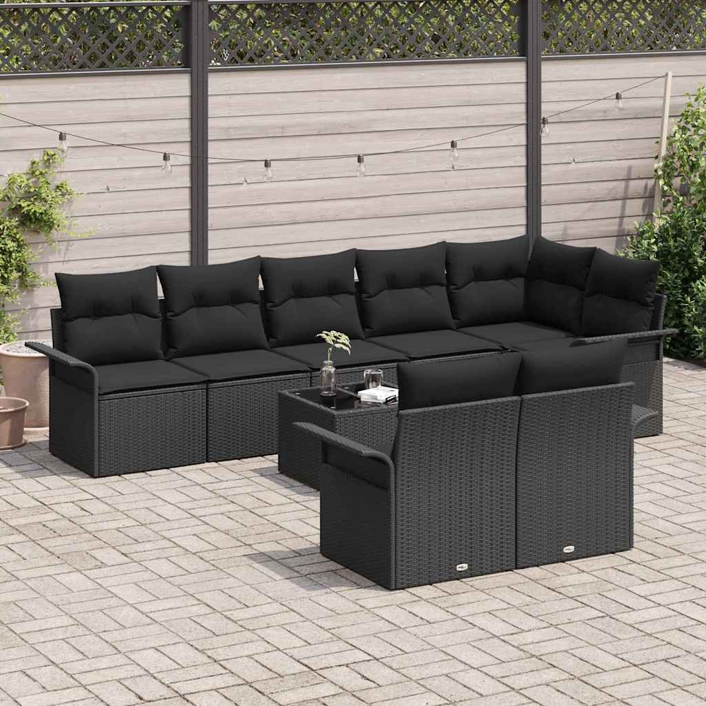 Havesofa Sæt med opbevaring 9 pcs Sort polyrattan