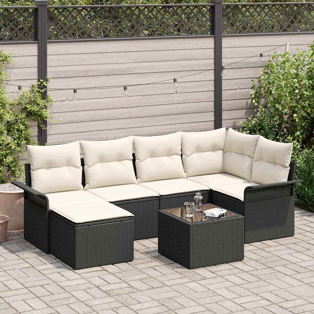 Havesofa Sæt med opbevaring 7 pcs Sort polyrattan