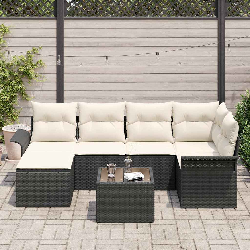 Havesofa Sæt med opbevaring 7 pcs Sort polyrattan