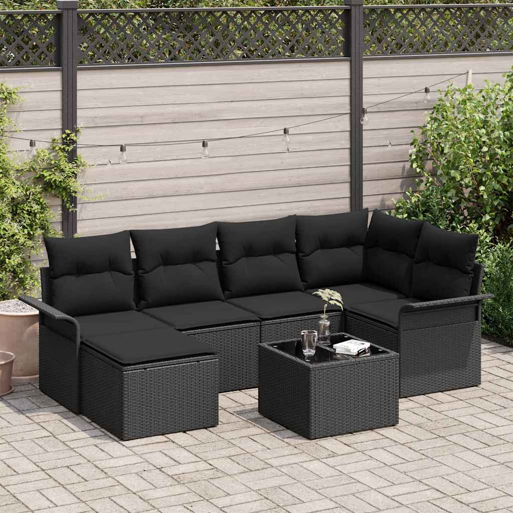 Havesofa Sæt med opbevaring 7 pcs Sort polyrattan