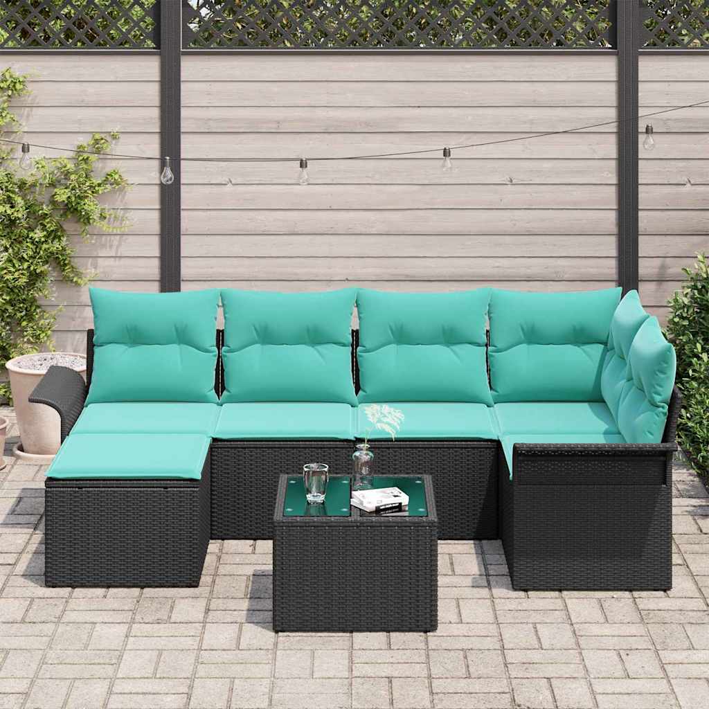 Havesofa Sæt med opbevaring 7 pcs Sort polyrattan