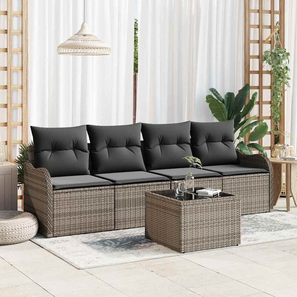 Havesofa Sæt med pude 5 pcs Grå Polyrattan og stål og glas