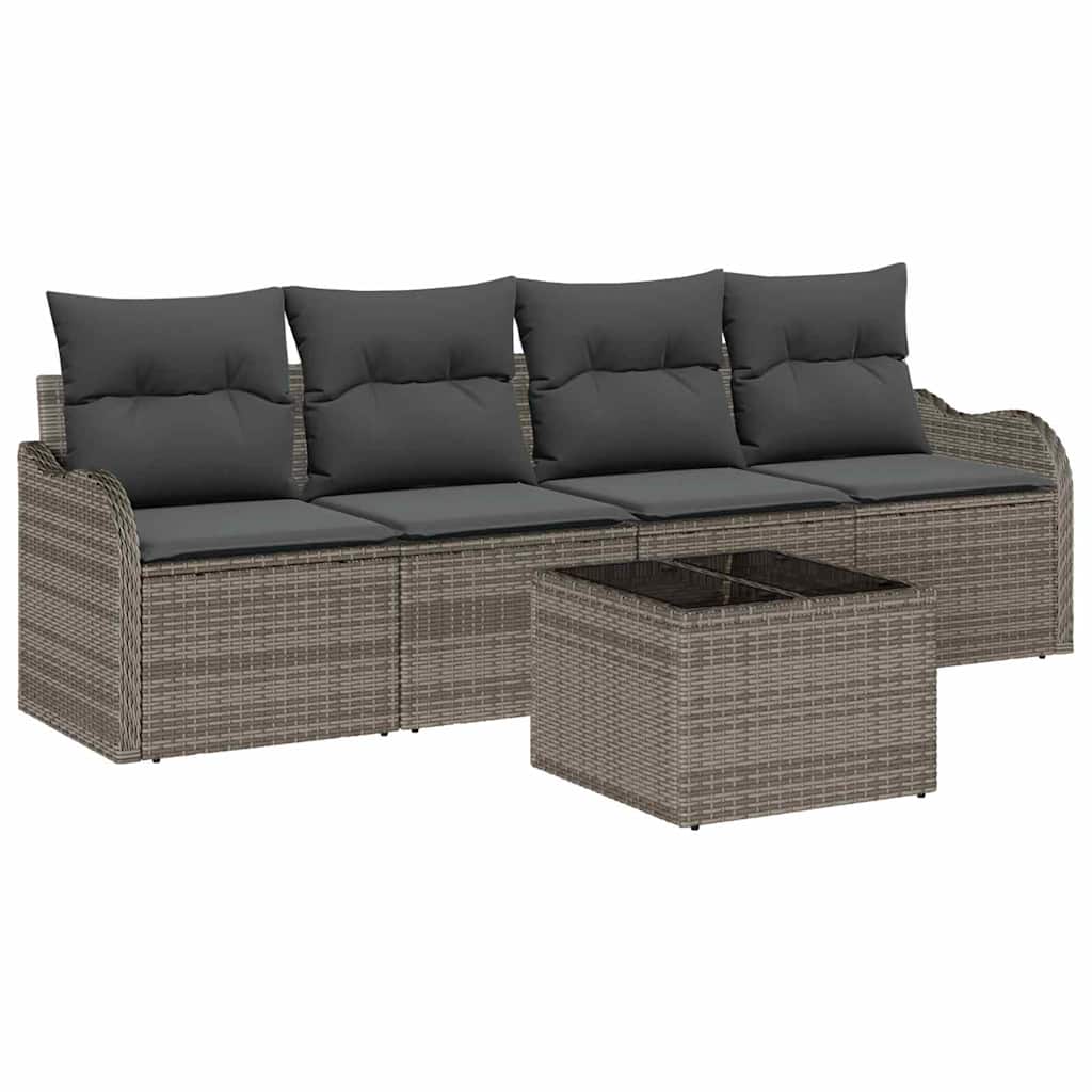Havesofa Sæt med pude 5 pcs Grå Polyrattan og stål og glas