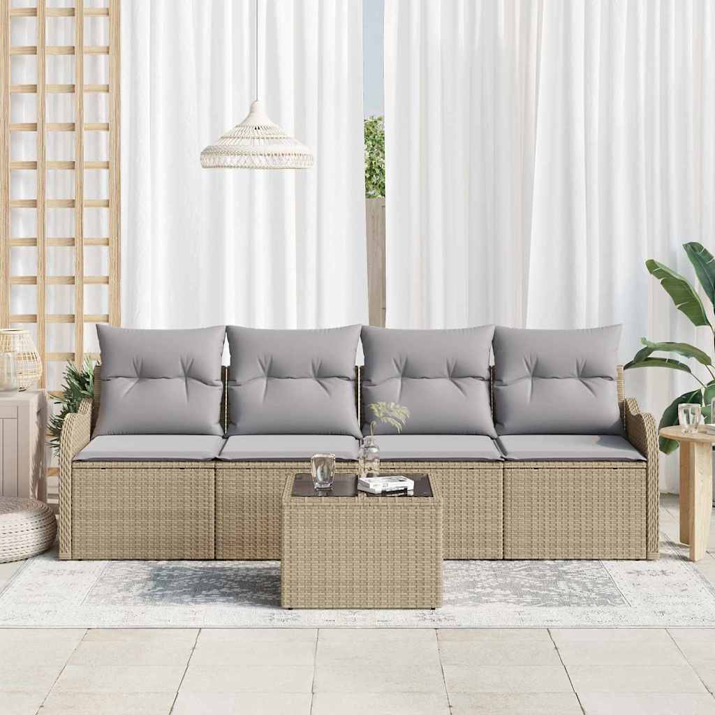 Havesofa Sæt 5 pcs Beige og grå Polyrattan og stål og glas