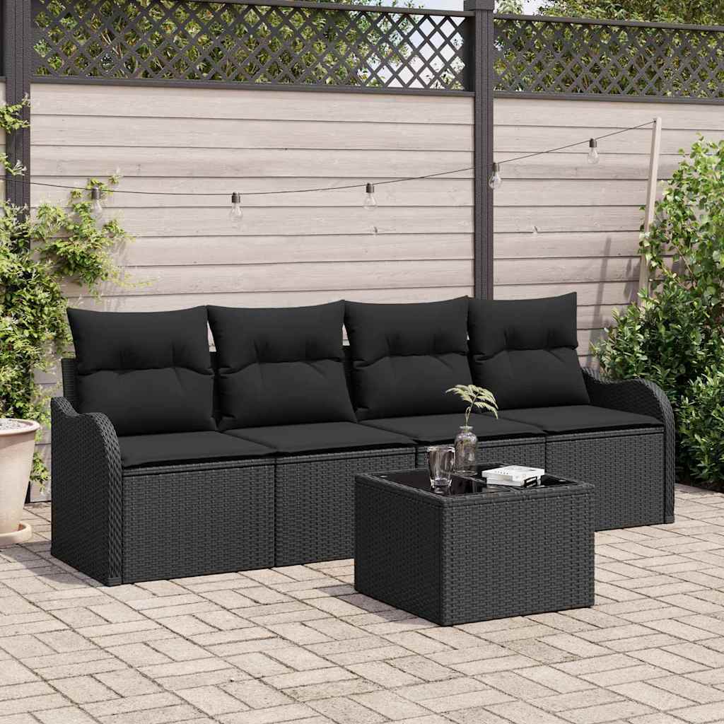 Havesofa Sæt med opbevaring med pude 5 pcs Sort polyrattan