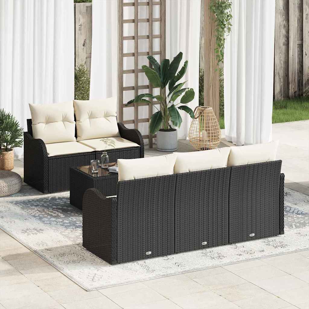Havesofa Sæt 6 pcs Sort og Cream Polyrattan og stål og glas