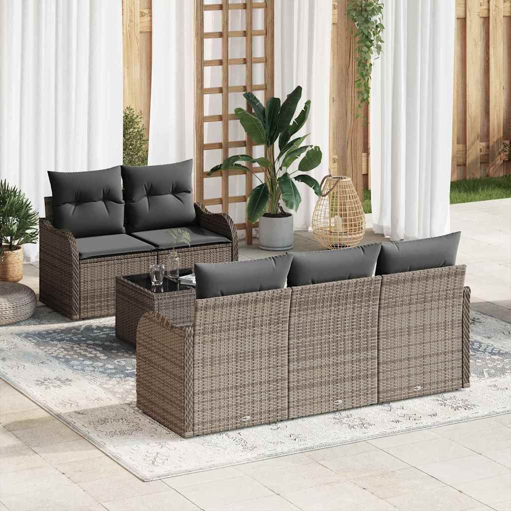 Havesofa Sæt med pude 6 pcs Grå Polyrattan og stål og glas