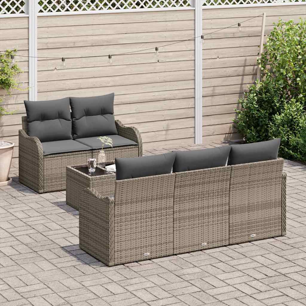 Havesofa Sæt med pude 6 pcs Grå Polyrattan og stål og glas