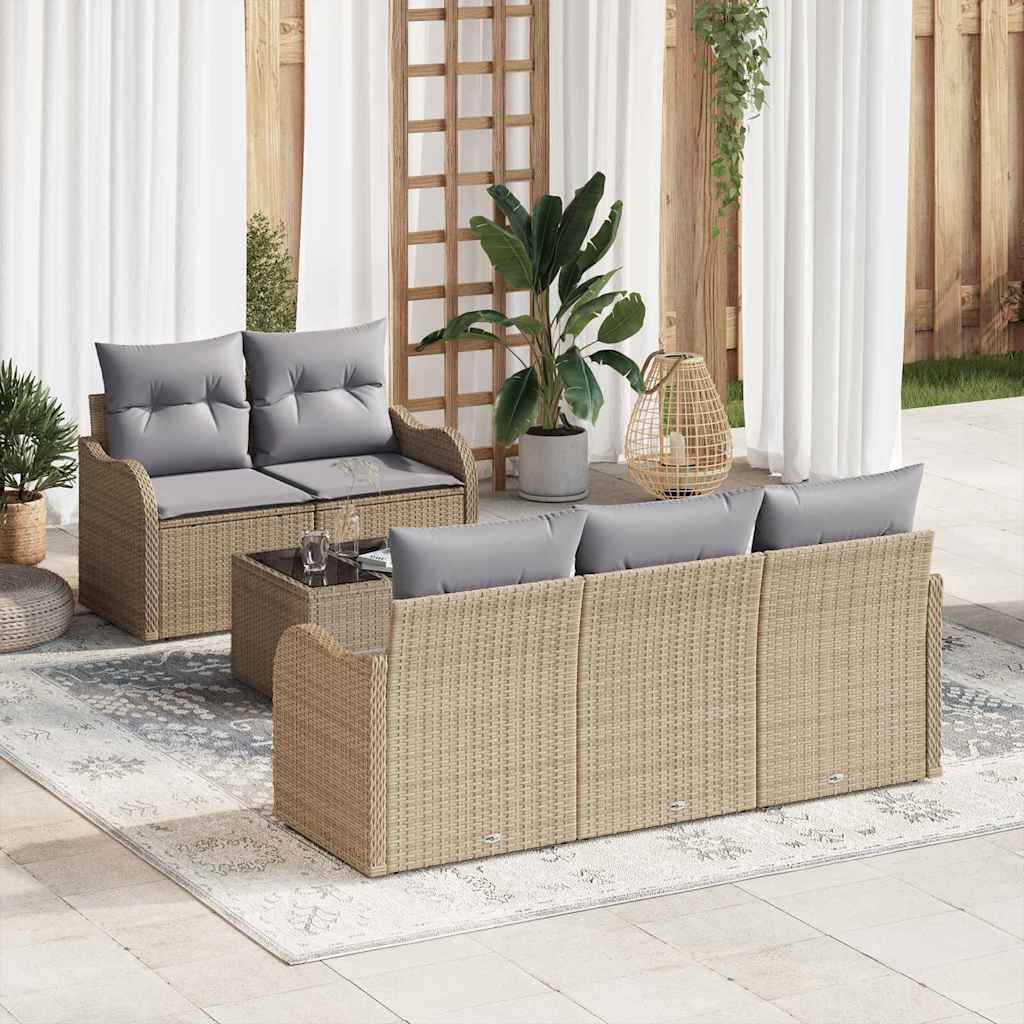 Havesofa Sæt 6 pcs Beige og grå Polyrattan og stål og glas