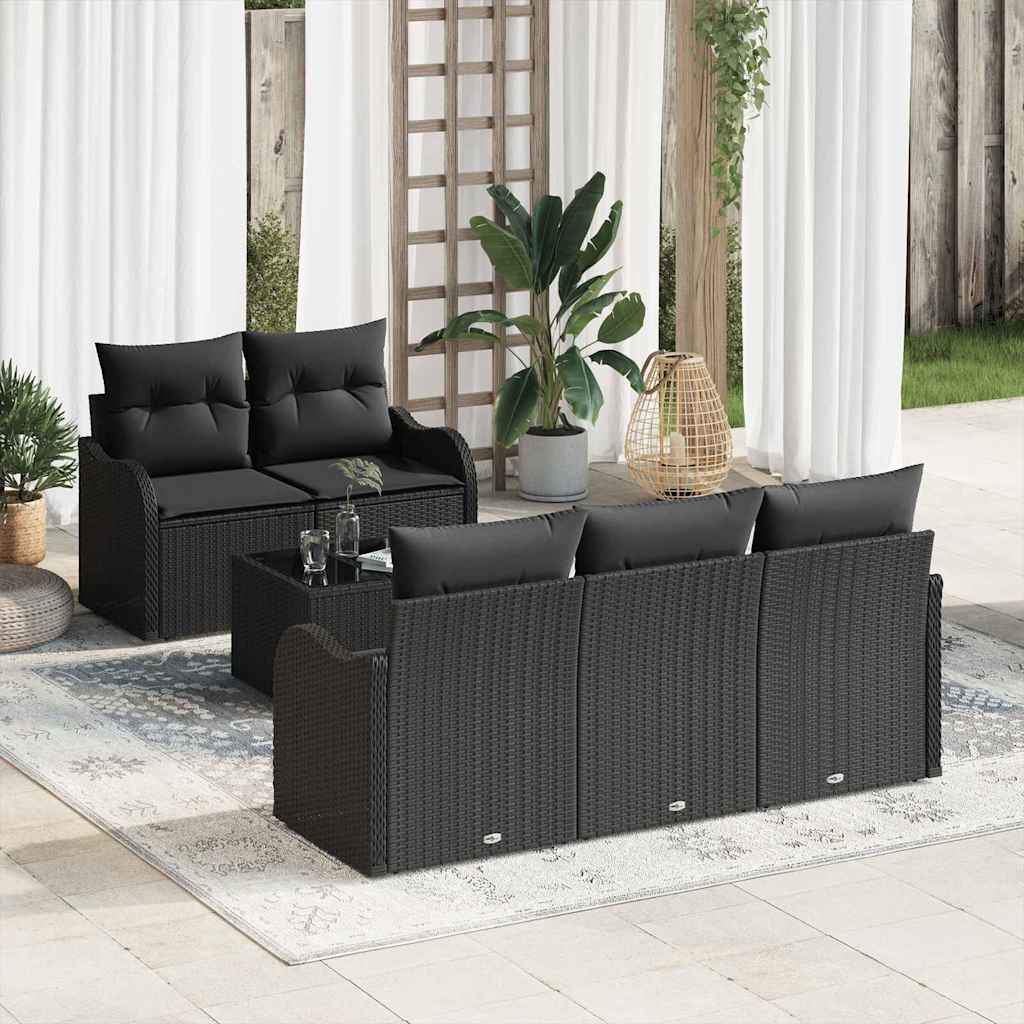 Havesofa Sæt med pude 6 pcs Sort Polyrattan og stål og glas
