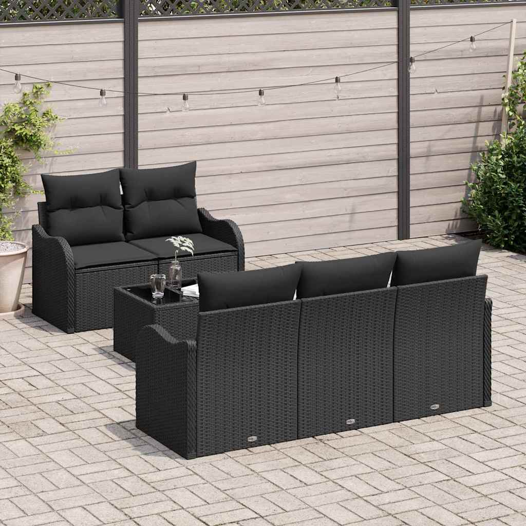 Havesofa Sæt med pude 6 pcs Sort Polyrattan og stål og glas