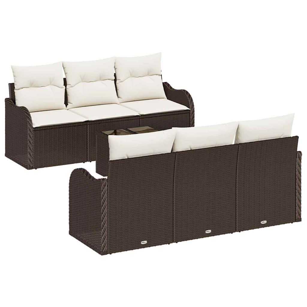 Havesofa Sæt 7 pcs Brun og Creme Poly Rattan og Stål og Glas