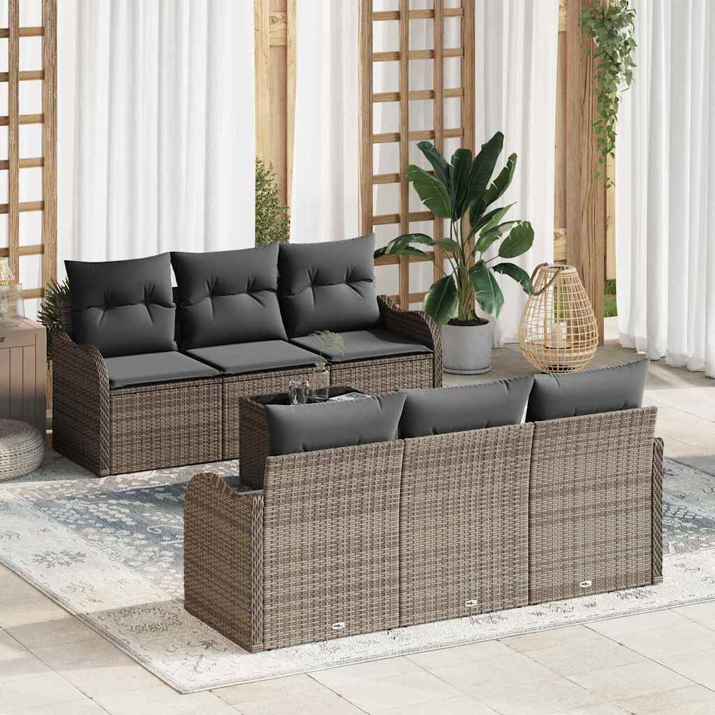 Havesofa Sæt med pude 7 pcs Grå Poly Rattan og Stål og Glas