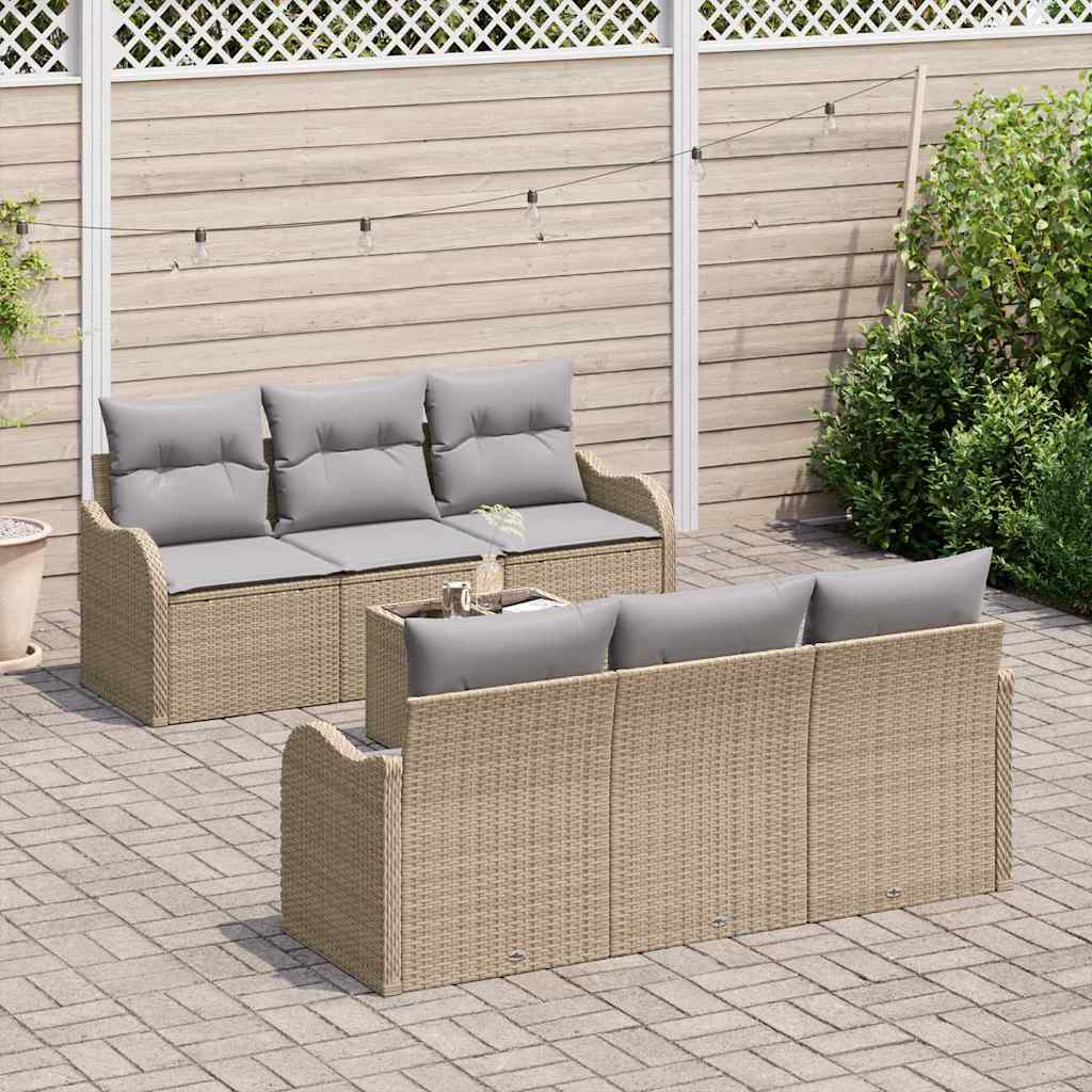 Havesofa Sæt 7 pcs Beige og grå Poly Rattan og Stål og Glas