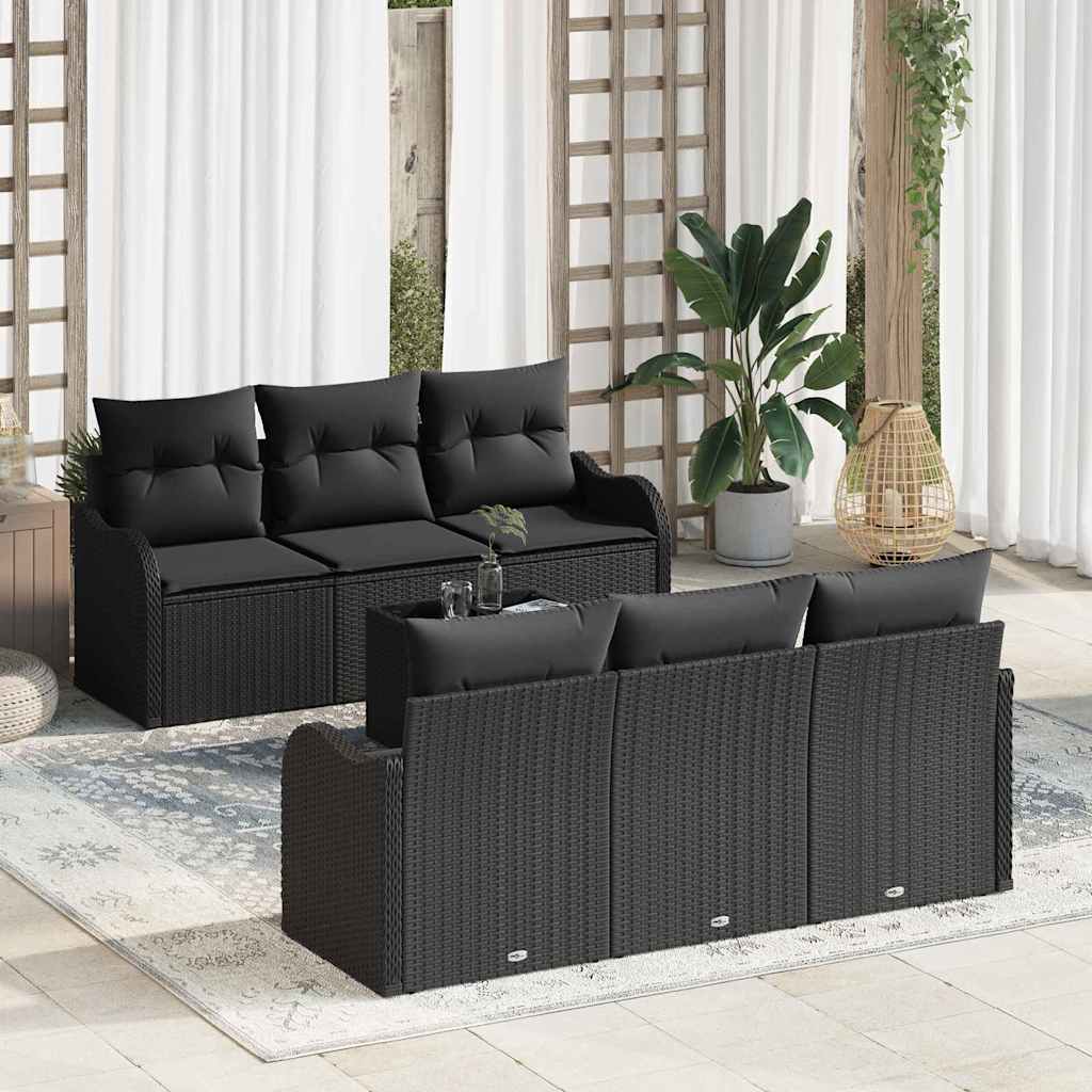 Havesofa Sæt med pude 7 pcs Sort Poly Rattan og Stål og Glas