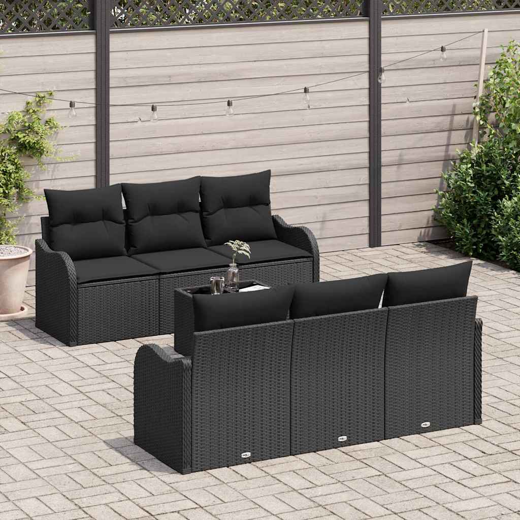 Havesofa Sæt med pude 7 pcs Sort Poly Rattan og Stål og Glas