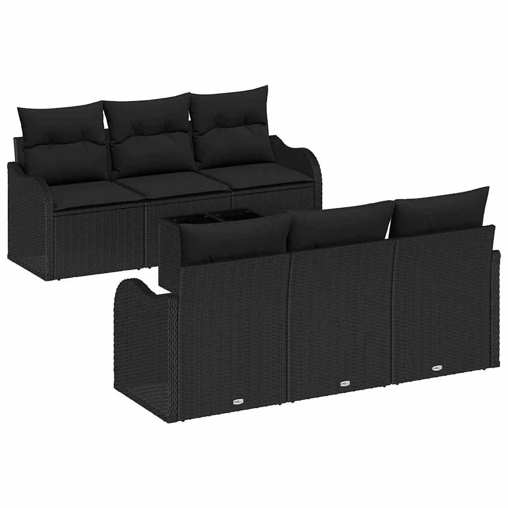 Havesofa Sæt med pude 7 pcs Sort Poly Rattan og Stål og Glas