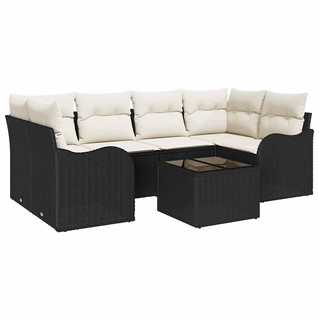 Havesofa Sæt 7 pcs Sort og Cream Polyrattan og stål og glas