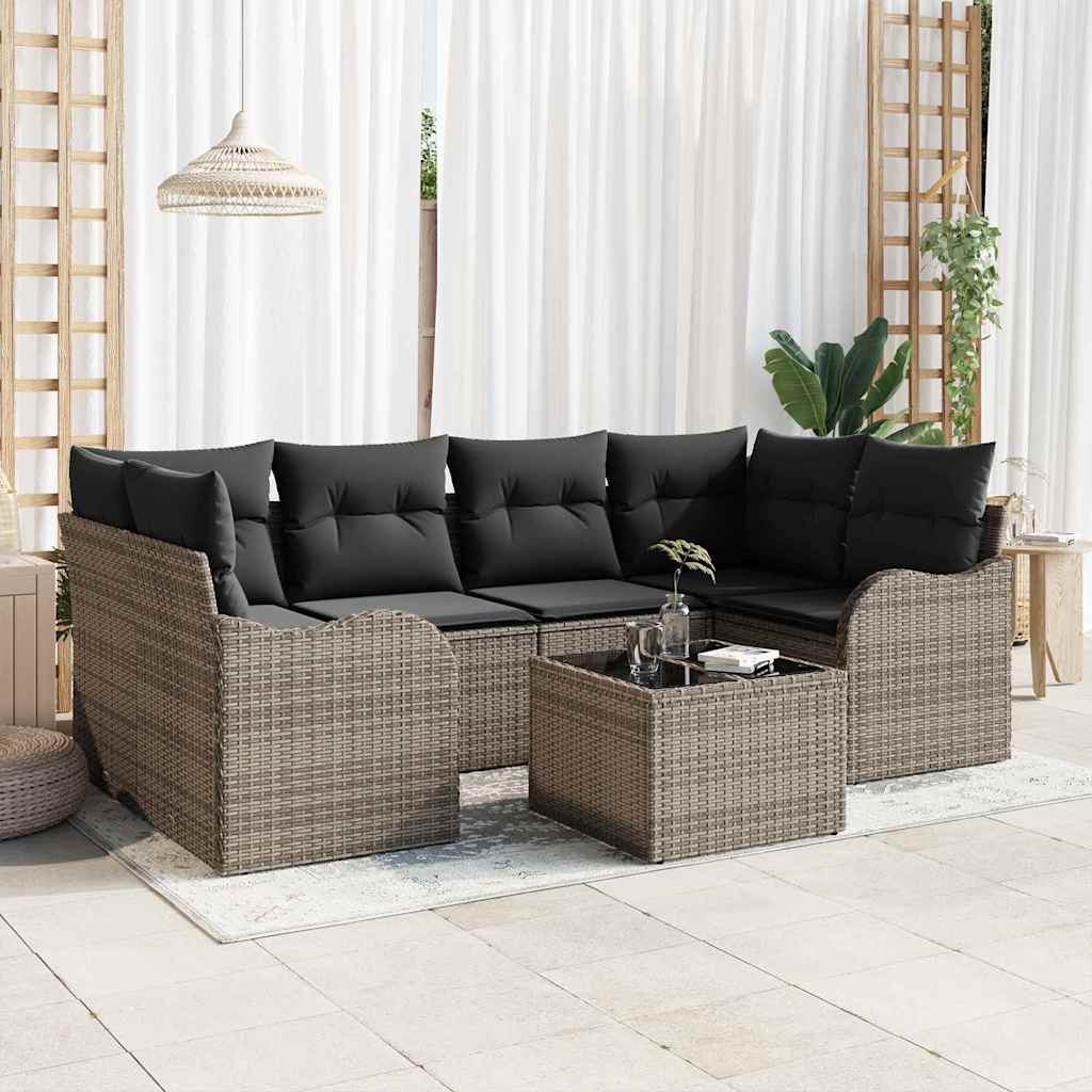 Havesofa Sæt med pude 7 pcs Grå Polyrattan og stål og glas