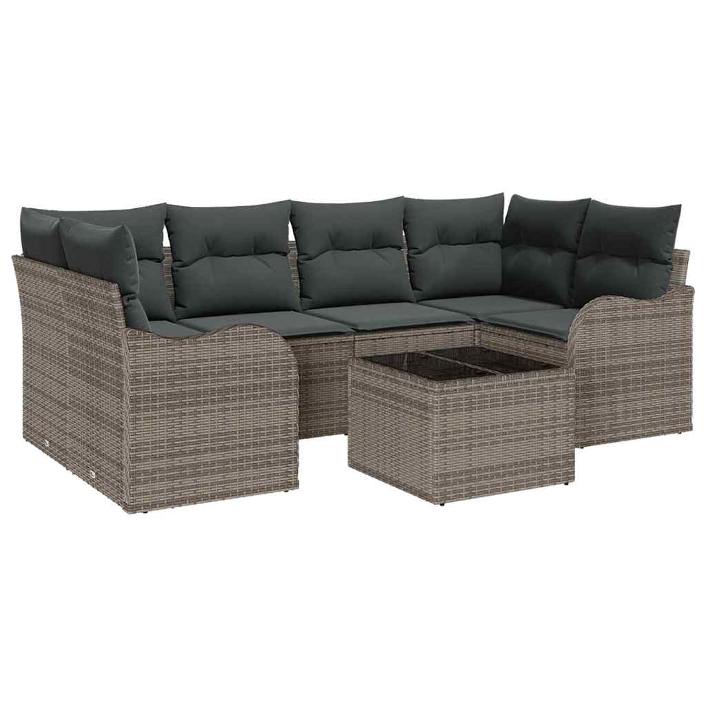 Havesofa Sæt med pude 7 pcs Grå Polyrattan og stål og glas