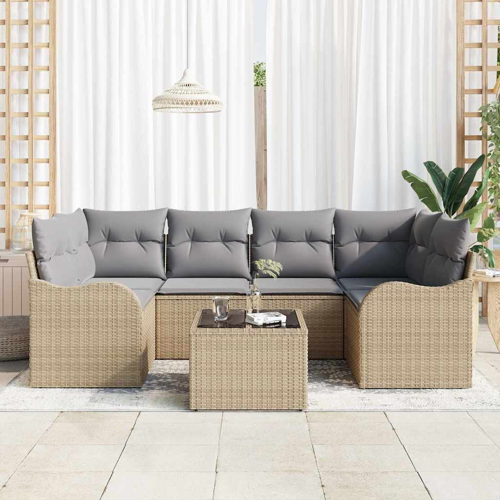 Havesofa Sæt 7 pcs Beige og grå Polyrattan og stål og glas