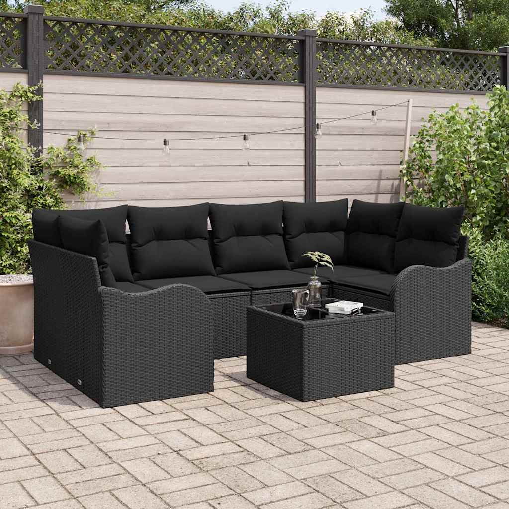 Havesofa Sæt med pude 7 pcs Sort Polyrattan og stål og glas