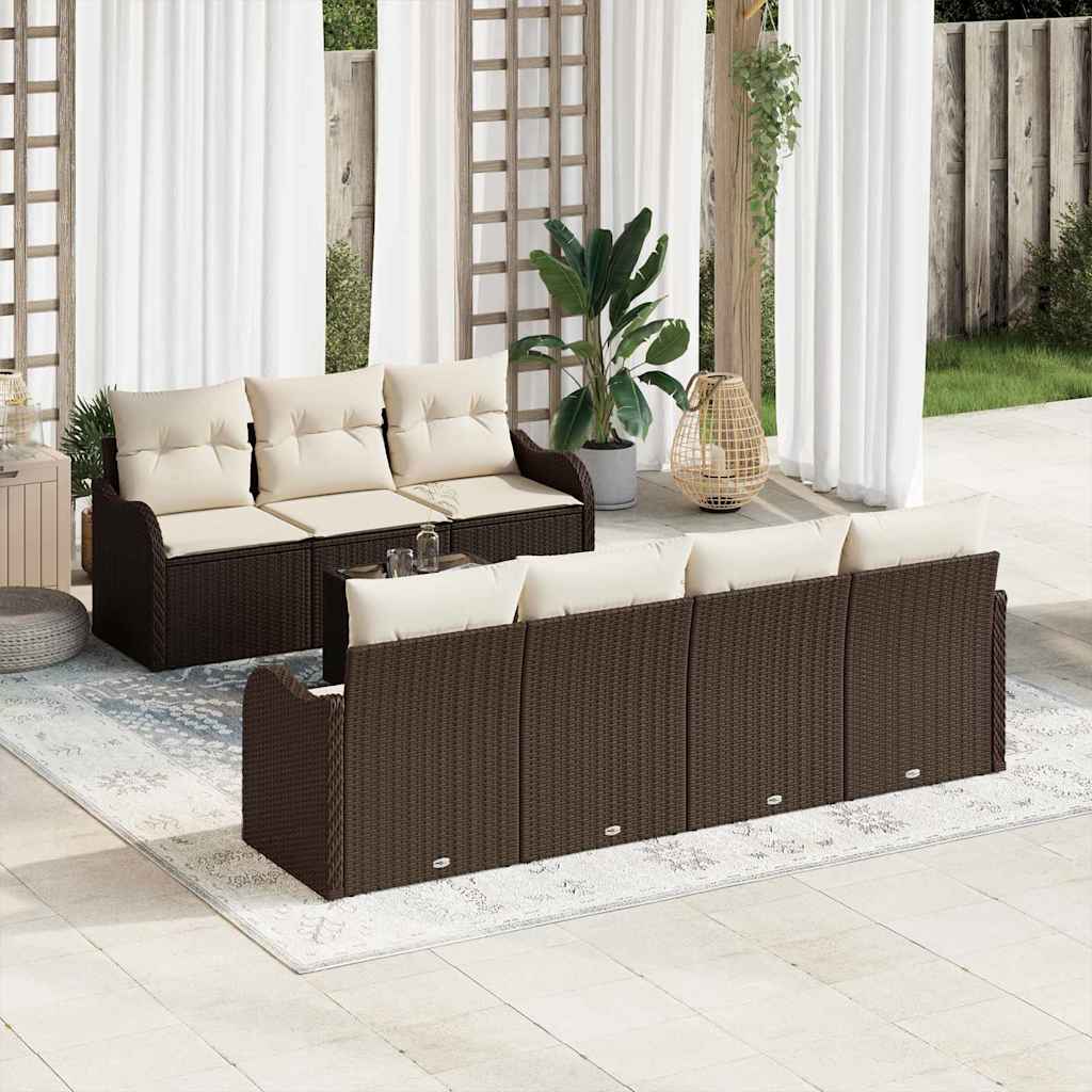 Havesofa Sæt 8 pcs Brun og Creme Poly Rattan og Stål og Glas