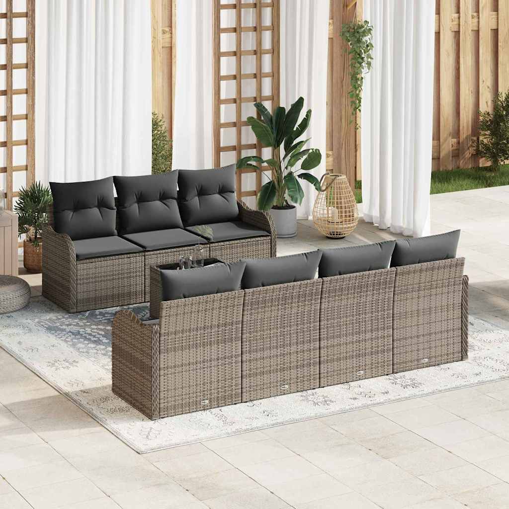 Havesofa Sæt med pude 8 pcs Grå Poly Rattan og Stål og Glas