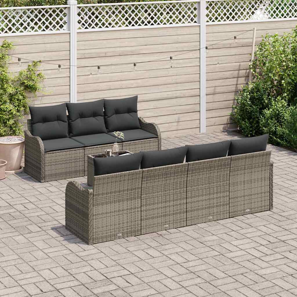 Havesofa Sæt med pude 8 pcs Grå Poly Rattan og Stål og Glas