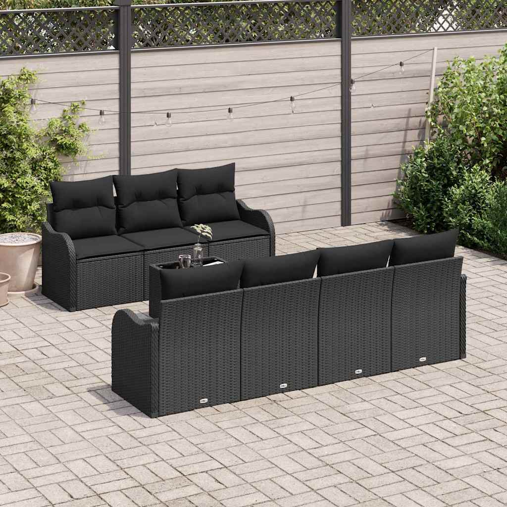 Havesofa Sæt med pude 8 pcs Sort Poly Rattan og Stål og Glas