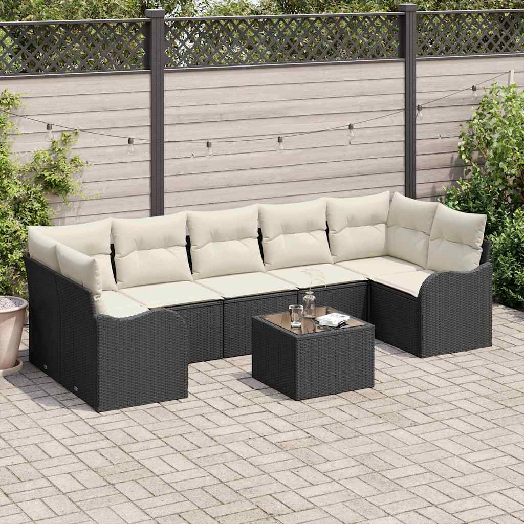 Havesofa Sæt 8 pcs Sort og Cream Poly Rattan og Stål og Glas