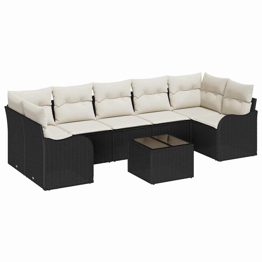 Havesofa Sæt 8 pcs Sort og Cream Poly Rattan og Stål og Glas