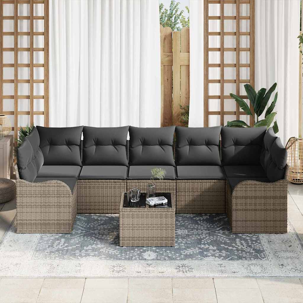 Havesofa Sæt med pude 8 pcs Grå Poly Rattan og Stål og Glas