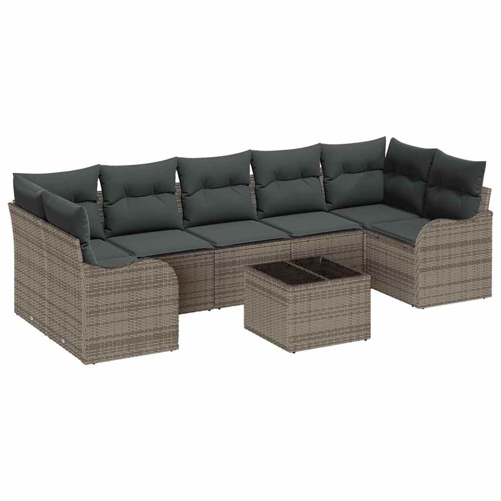 Havesofa Sæt med pude 8 pcs Grå Poly Rattan og Stål og Glas